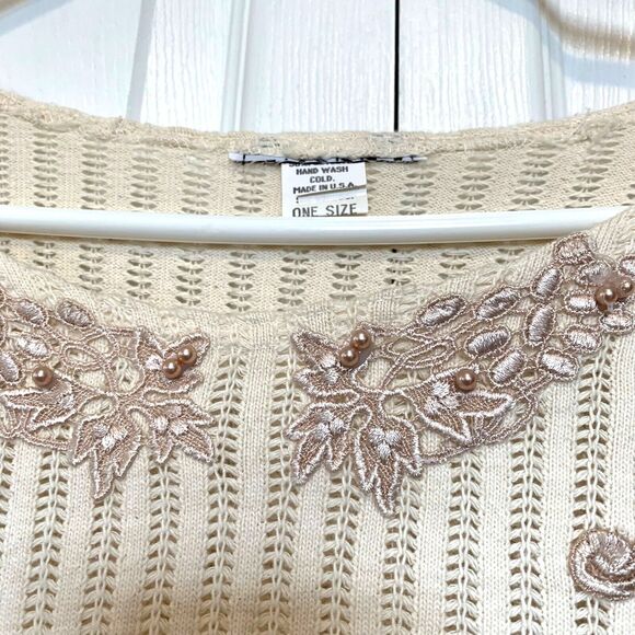 VTG Mexico Beaded Silk Embroidery Lace Adorned Sweater L/XL Cotton Blend 90s - Picture 6 of 8